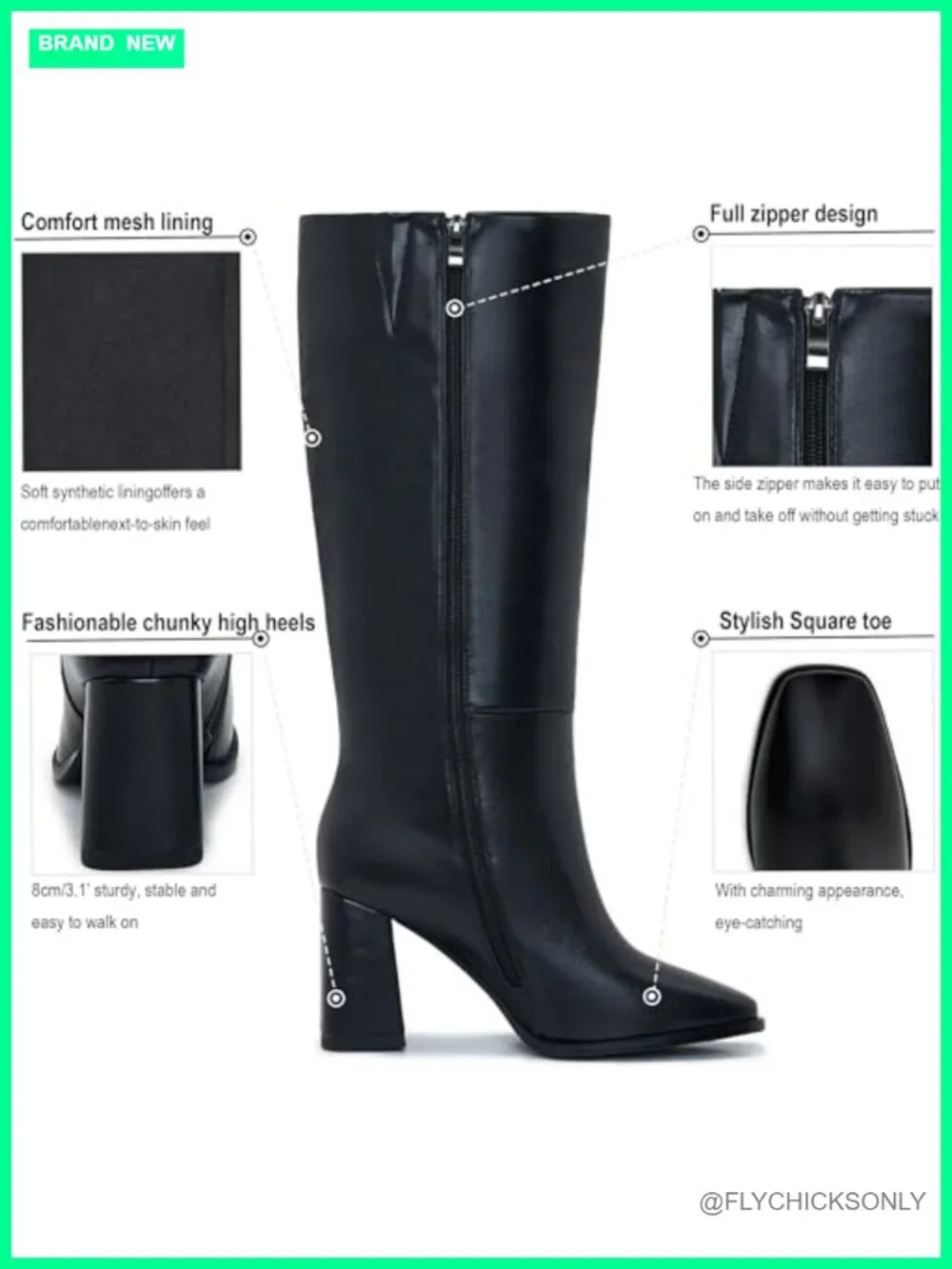 Wide Calf Knee High Boots with Zipper - Square Toe Chunky Heel Fashion Long